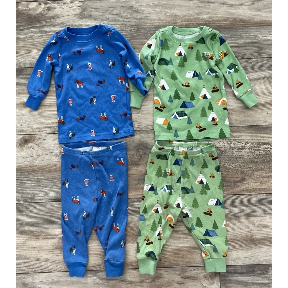 Janie and Jack Baby Pajamas Set 2 Pack Dog Camping Blue Green 6-12 Months